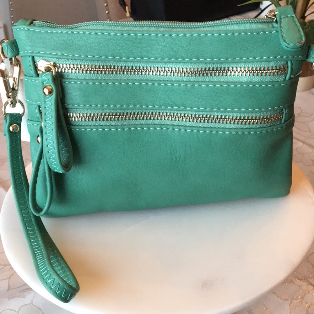 Small teal over shoulder purse